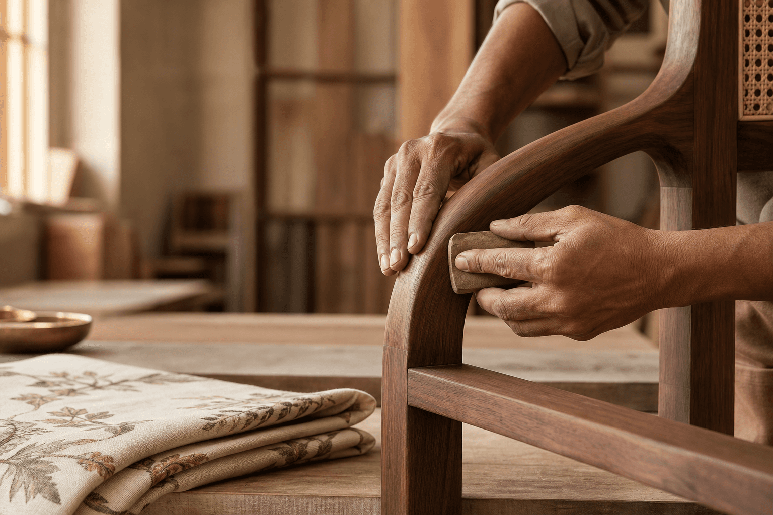 A craftsperson finishing a solid walnut chair
