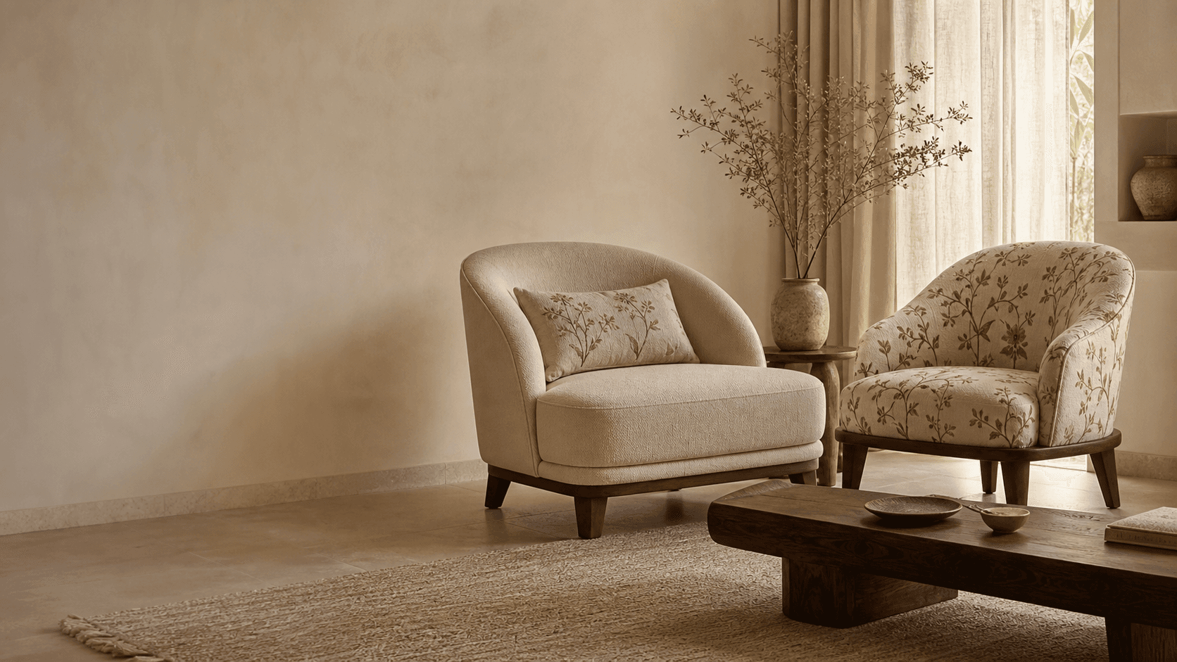 Handcrafted botanical lounge chairs in a warm interior